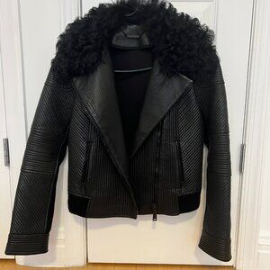 Elie Tahari Black Quilted Leather Bomber Jacket with Shearling Collar